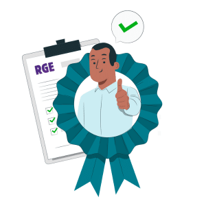 Illustration représentant une personne approuvée avec un pouce levé devant un document certifié RGE, symbolisant la validation et la qualité.