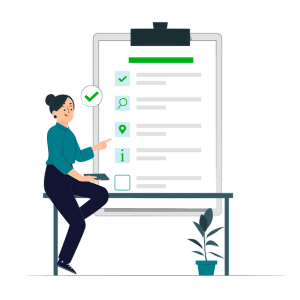 Illustration d'une femme pointant vers une checklist de gestion de projet sur un tableau, symbolisant l'organisation et la planification des tâches.