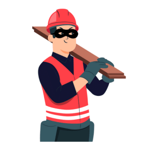 Illustration d'un voleur déguisé en travailleur de chantier, portant un casque rouge, un masque noir, et une veste de sécurité, tenant une poutre en bois sur l'épaule.