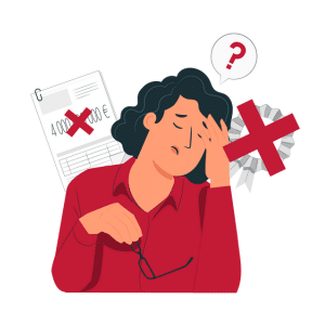 Illustration d'une personne stressée face à un document financier avec un montant barré et des symboles de confusion et d'erreur.