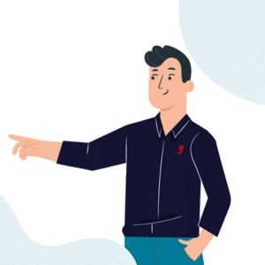 Illustration d'un homme en chemise noire pointant vers la droite, avec une attitude confiante et déterminée.