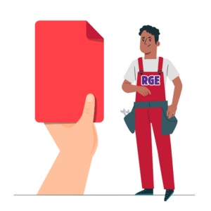 Illustration d'un travailleur certifié RGE en salopette rouge recevant un carton rouge, symbolisant une sanction ou une mise en garde.
