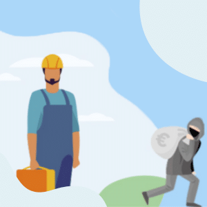 Illustration d'un travailleur en salopette bleue et casque de sécurité jaune, portant une mallette orange, tandis qu'un voleur masqué s'enfuit avec un sac d'argent marqué d'un symbole euro.