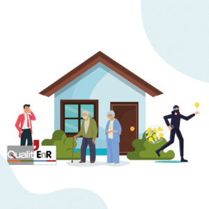 Illustration de la sécurité des installations EnR montrant des personnes âgées devant une maison, un voleur s'enfuyant avec une ampoule, et un homme au téléphone avec le logo 