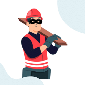 Travailleur avec masque portant une planche, symbolisant la fraude dans le secteur des travaux.
