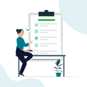 Femme expliquant une checklist sur un tableau, illustrant la planification de rénovation.